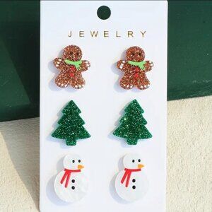 3 Pairs of Whimsical Christmas Tree, Snowman, and Gingerbread Man Design Acrylic